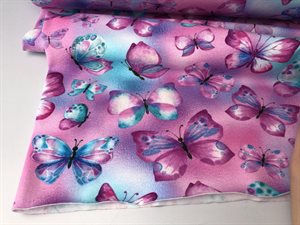 Bomuldsjersey - smukke sommerfugle i pink og lilla toner, gots